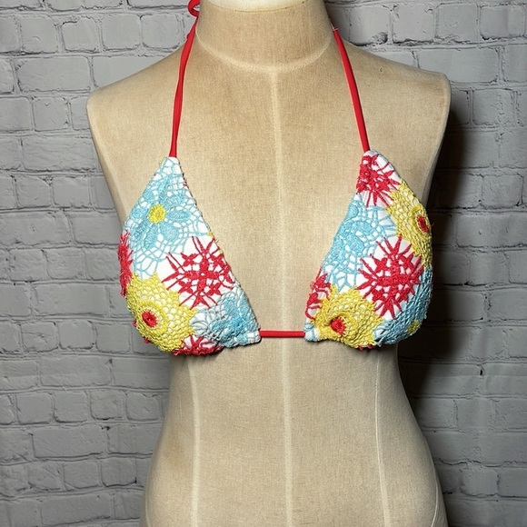 Xhilaration Other - Xhilaration Floral Crochet Triangle Bikini Top‎ Red Blue Yellow Boho Swim Small